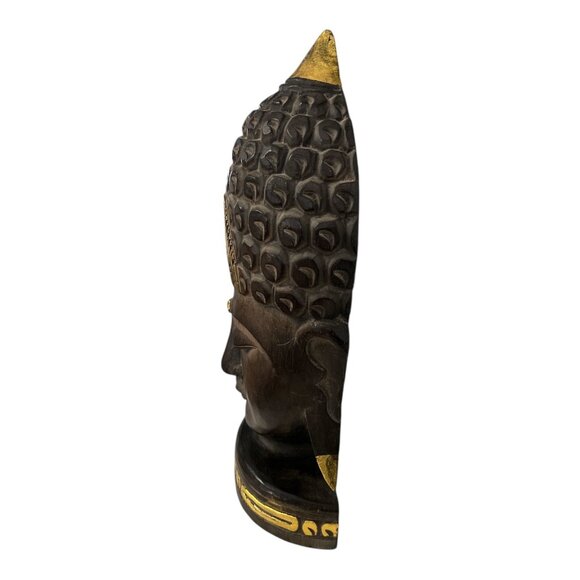Vintage Early 2000s Hand-Carved Wooden Buddha Head Sculpture – Dark Brown & Gold - Picture 2 of 5
